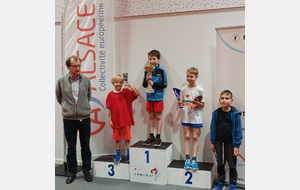  le podium des championnats du Bas-Rhin poussins 2024 avec sur la deuxième marche Augustin (2éme) et à  droite Jocelyn (4ème)